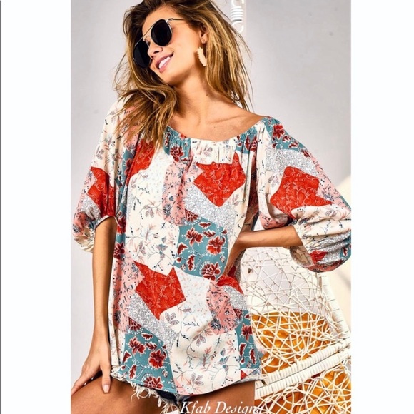 New!Clearance 🔥Boho Floral Patchwork Woven Off Shoulder Ballon Sleeve Soft Top - Picture 5 of 16